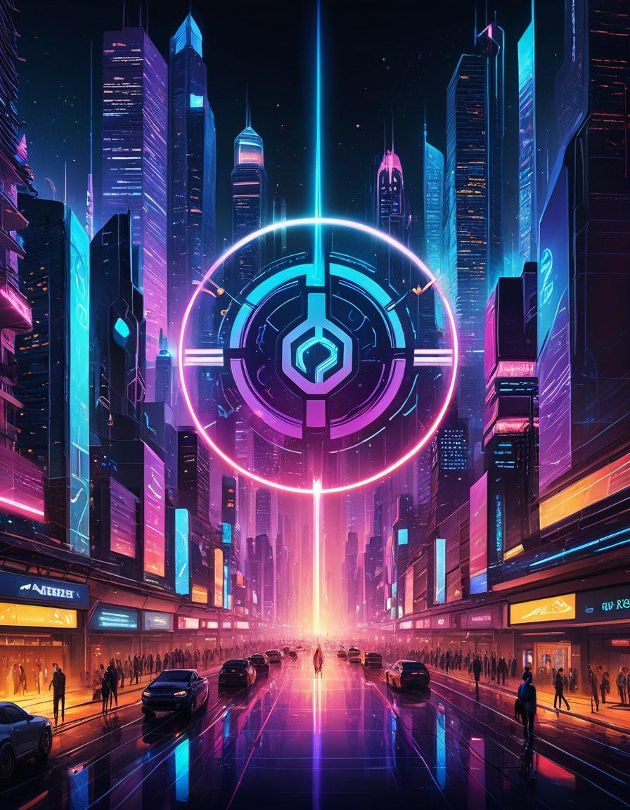A bustling digital metropolis showcasing interconnected devices, dynamic websites, and sleek applications glowing with futuristic interfaces. Centralized, a corporate logo of 'ICJD' radiates as the core force, sending out beams of efficiency and reach. Background filled with diverse demographics symbolizing global reach and inclusiveness. Vector art. vibrant colors. cyberpunk.