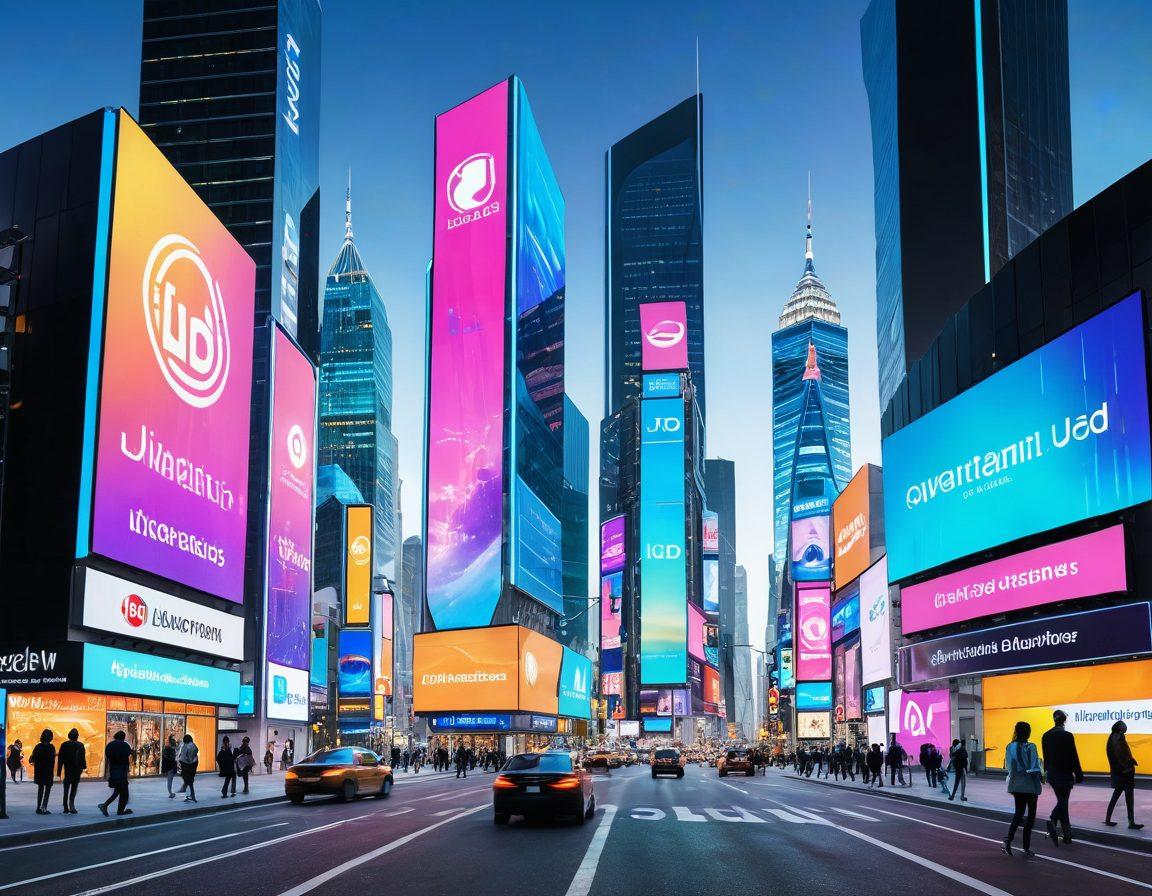A sleek, futuristic cityscape with digital billboards and holographic advertisements, all displaying ICJD's logo and various online services. In the foreground, diverse business owners interact with advanced digital tools on tablets and smartphones, their faces glowing with the light of success. Super-realistic. Vibrant colors. White background.
