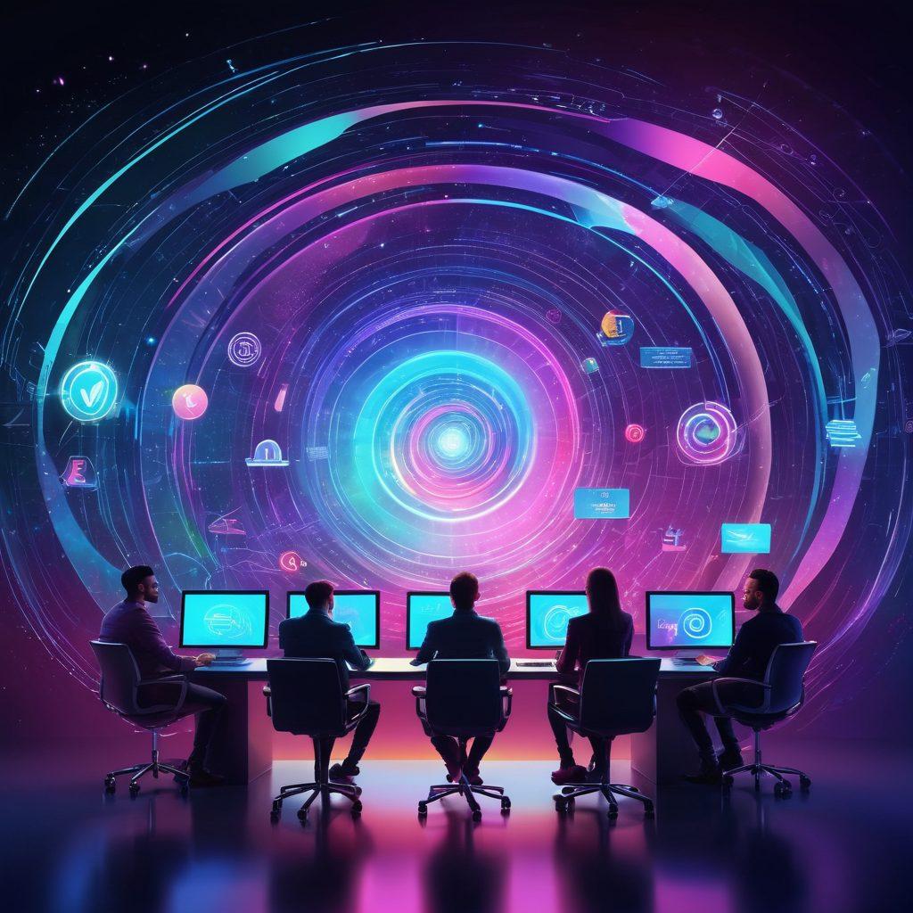 A dynamic web brainstorming session with diverse creative professionals using futuristic digital tools, vibrant colors representing various web elements swirling around a central glowing ICJD logo, futuristic holographic screens displaying website designs and solutions. super-realistic. vibrant colors. slightly futuristic style.